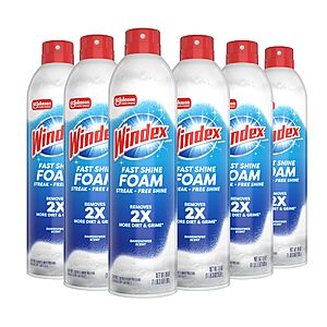 Windex Fast Shine Foam Glass Cleaner, No-Drip Windows, Doors, Mirrors & Countertops Arosol Cleaning Spray, Streak-Free Shine, Removes Fingerprints, 19 oz (Pack of 6) $11.73 or less
