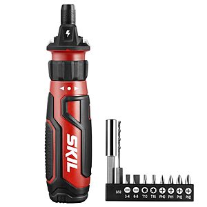 SKIL Rechargeable 4V Cordless Screwdriver with Circuit Sensor Technology, Includes 9pcs Bit, 1pc Bit Holder, USB Charging Cable $22.99