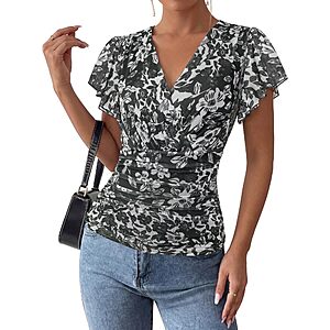 Amazon &ndash; GRACE KARIN Women's Floral Mesh Wrap V-Neck Tops - $9.99&ndash;$13.05 w/ Code