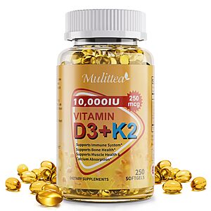 Amazon &ndash; Mulittea Vitamin D3 + K2 MK7, 250 Softgels - $13.49 w/ Code + Coupon