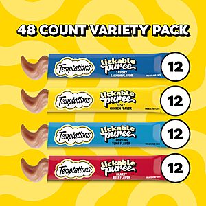 $14.31 S&S Clip Q: Temptations Creamy Puree Squeezable Lickable Cat Treats, Beef, Salmon, Chicken, and Tuna OR Seafood Variety Pack, 0.42 oz. Tubes, 48 Count