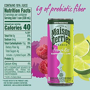 Maison Perrier French Kiss Sweetened Sparkling Juice Beverage, Raspberry & Lime Flavors With Real Fruit Juices, 24Pk