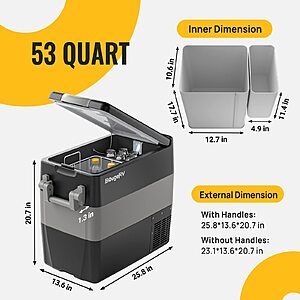 BougeRV 12V Portable Refrigerator 53 Quart Car Freezer Fridge Electric Cooler12V/24V DC 110~240Volt AC for Camping (Included: 53Qt Insulated Cover)