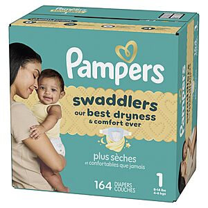 Pampers Swaddlers Diapers, Size 1 (8-14 lbs), 164 Count, Fragrance Free, Hypoallergenic, Absorbent, Pediatrician Recommended, Skin Safe
