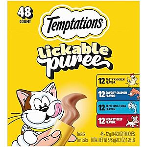 $14.31 or less S&S-Q: Temptations Creamy Puree Squeezable Lickable Cat Treats, Beef, Salmon, Chicken, and Tuna Variety Pack, 0.42 oz 48 Count AMZ