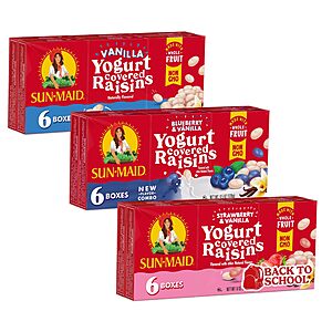$6.75 AC Amazon YMMV Sun-Maid Yogurt Coated Raisins 3 Flavor Snack Pack Bundle - (18 boxes) 1 oz, 6 Snack-Size Boxes per Flavor - Vanilla, Blueberry, and Strawberry Yogurt Covered