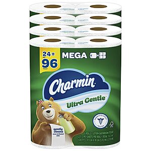 Two Packs $50.64 S&S or less Charmin Ultra Gentle Toilet Paper, 24 Mega Rolls (Equivalent to 96 Regular Rolls),get $15 AMAZON Credit &, $15 P&G Rebate