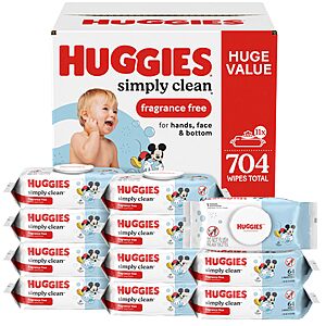 $12.37 or less S&S Clip Q YMMV Huggies Simply Clean Baby Wipes, Unscented, 11 Packs, 704 Wipes