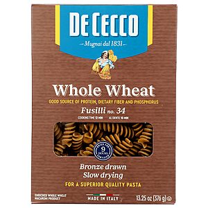De Cecco Pasta Fusilli or Penne Whole Wheat, 4G Fiber per serving 13.25 oz $2.63 S&S AMAZON