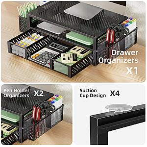 $15.99 AC AMZ 20"W x 10"D x 5.8"H Monitor Stand with Drawer, 2-Tier Laptop Stand, Black | Desk Organizers and Accessories with Drawer and 2 Pen Holders,