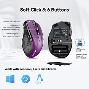$4.99 ac Amazon TECKNET Wireless Mouse, 2.4G 2600 DPI, Purple | Ergonomic Design with Side Grips, Adjustable DPI, 2-Year Battery,