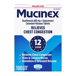 $16.14 S&S AMZ Mucinex 100 ct 12 Hour 600 mg Guaifenesin Extended-Release Tablets for Excess Mucus Relief,