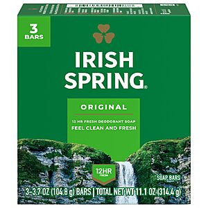 $15.35 or less S&S 24 (3 x 8) ct Irish Spring Bar Soap for Men, Original Clean, Smell Fresh and Clean for 12 Hours,