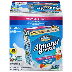 $10.49 AMAZON: Shelf Stable Almond Breeze Dairy Free Almondmilk, Unsweetened Vanilla, 32 Ounce (Pack of 6)