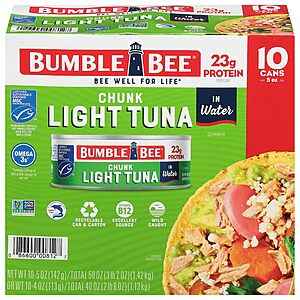 AMZ $6.82 or less S&S Clip Q Bumble Bee Chunk Light Tuna in Water, 5 oz (Pack of 10) | Wild Caught Tuna, 23g Protein per Can
