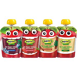 $6.91 or less S&S/Q/AMZ Mott's No Sugar Added Applesauce Variety Pack, 4 Flavors &ndash; Apple, Strawberry, Cinnamon & Blueberry, , 3.2 Clear Pouches, 20 Pack