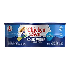 $3.43 or less S&S 35% off Q AMZ:Chicken of the Sea Wild Caught Premium Solid White Albacore Tuna in Water, 5 oz Cans, 4-Count &ndash;