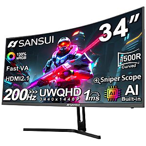 $205 FS AMAZON SANSUI 34-Inch Curved Gaming Monitor UWQHD 3440 x 1440P Up to 200Hz Curved 1500R - PIP/PBP, OD 1ms,