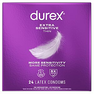 $8.79 ac AMAZON Durex Extra Sensitive Thin Condoms, Lubricated Latex Condoms for Men, 24 Count