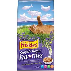 $3.74 with clipped Q Friskies Feline Favorites Surfin & Turfin Dry Cat Food, 3.15 lbs