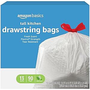 $11.04-$12.95 S&S or less 90 to 120 count Box of AMZ 13 gal Flextra Strength Tall Kitchen Drawstring Trash Bags,