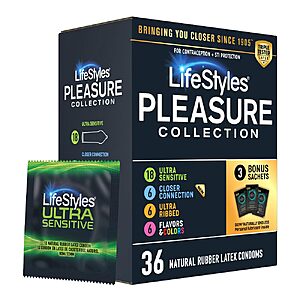 Lifestyles Pleasure Collection Assorted Lubricated Natural Latex Condoms, 36 Count, 3 Bonus Personal Lubricant Sachets, Triple Tested (Pack of 1)​ - $10.84 with S&S