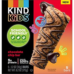 KIND Kids Granola Bars, Chocolate Chip, Gluten Free, Low Sodium, Peanut and Tree Nut Free Snacks, 5g Protein, 5 Count