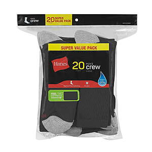 20-Pack Hanes Men's Lightweight Comfort Crew Socks (Black, Sizes 6-12) $9.25 + Free Shipping w/ Walmart+ or $35+
