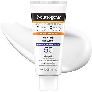 [Prime] Neutrogena Clear Face SPF 50 Sunscreen Lotion for Acne-Prone Skin (3-oz) $4.32 w/ S&S + Free Shipping