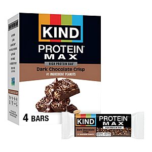 KIND Protein MAX Bars, Dark Chocolate Crisp, Gluten Free, Low Sugar, High Fiber Snacks, 20g Protein, 4 Count