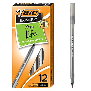 12-Count BIC Round Stic Xtra Life Black Ballpoint Pens (Medium Point) $1.19 + Free Shipping w/ Prime or on $35+