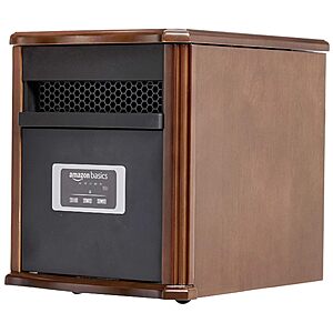 Amazon Basics Portable Space Heater with Remote Control, Adjustable Thermostat, Indoor Use, Energy-Saving Setting, LED Display, Classic Wood Casing, 1500W, 12"D x 13"W x 16"H, Brown