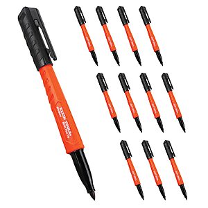12 pack Klein Tools 8610112 Skribes Fine Tip Permanent Markers, Professional-Grade Ink, Multi-Surface Jobsite Marker for Wet, Dry and Oily Surfaces, Black, $8.98, Amazon $8.96