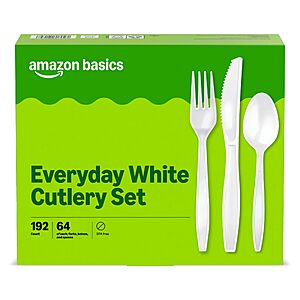 192 count, Amazon Basics Disposable Everyday White Assorted Cutlery Set, Combo Pack, Forks, Spoons, and Knives, $5.30 with S&S, Amazon
