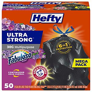 Hefty Ultra Strong 30 Gallon Trash Bags, Large Trash Bags 30 Gallon Size, Multipurpose, Break Resistant Drawstring Closure, Resists Leaks, Punctures, and Tears, Black, Fabuloso Scent, 50 Bags