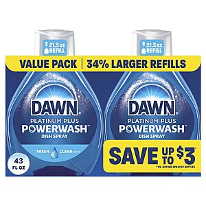 2-Pack 21.5-Oz Dawn Platinum Plus Powerwash Dish Spray Refills (Fresh Clean) $7.44 w/ S&S + Free Shipping w/ Prime or on orders over $35