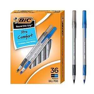 36-Count BIC Round Stic Grip Xtra Comfort Ballpoint Pens (Medium Point, Black & Blue) $4.56 w/ S&S + Free Shipping w/ Prime or on orders over $35