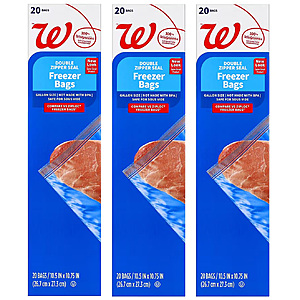 Walgreens Home Storage Bags: 20-Ct Gallon or Quart Freezer Bags 3 for $2.79 & More + Free Store Pickup on $10+ Order