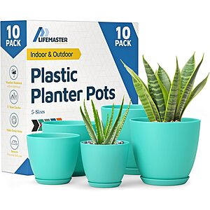 Planter Pots with Drainage Holes - Lightweight, Durable, and Space-Saving Pots for Indoor and Outdoor - Versatile Functionality, Simple Modern Design, Set of 10 Plastic Planter Pots - Aqua