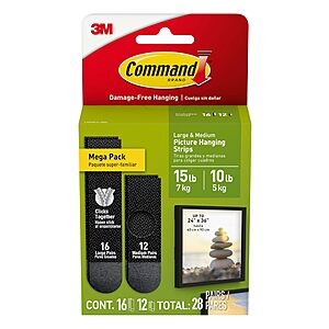 28-Pair Command Strips (16-Pair Large; 12-Pair Medium; Black) $13.29 w/ S&S + Free Shipping w/ Prime or on $35+