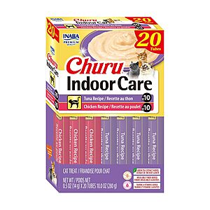 20-Count 0.5-Oz INABA Churu Indoor Care Hairball Control Lickable Cat Treats (Tuna & Chicken Variety) $11.90 w/ S&S + Free Shipping w/ Prime or on $35+