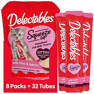32-Ct 0.5-Oz Delectables Squeeze Up Kitten Creamy Squeezable Puree (Tuna & Salmon) $13.67 w/ S&S + Free Shipping w/ Prime or on $35+
