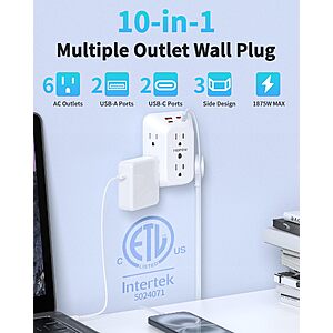 Outlet Extender, 6 Outlets, 2A2C, 1050J, USB Wall Charger, 1875W/15A $8.45