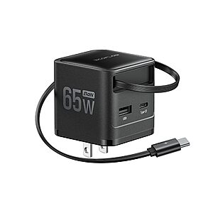EF ECOFLOW 65W USB C Charger with Retractable Cable, 3-in-1 Phone Charger (Black) $23.74