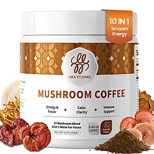 iMATCHME Mushroom Coffee, 10 Adaptogens Blend, Medium Roast, 50 Servings $8.39