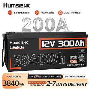Humsienk 12V 300Ah LiFePO4 Battery 3840Wh 200A BMS IP65 for RV Solar Marine $244.40 + Free Shipping