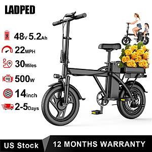 LADPED 14" Folding Electric Bike 500W 48V 5.2Ah 22MPH 30Mi Dual Seat $125.60 + Free Shipping
