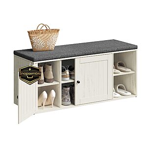 SONGMICS HOME Shoe Storage Bench w/ Adjustable Shelf & Door (Rustic White & Slate Gray) $59.84 + Free Shipping w/ Prime or on $35+