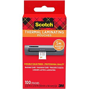 100-Pack Scotch 2.3" x 3.7" Business Card Thermal Laminating Pouches $4.61 + Free Shipping w/ Prime or on $35+