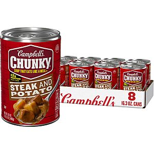 Campbell's Chunky Soup, Steak and Potato Soup, 16.3 oz Can (8 Count)~$11.18 After Coupon & S&S @ Amazon